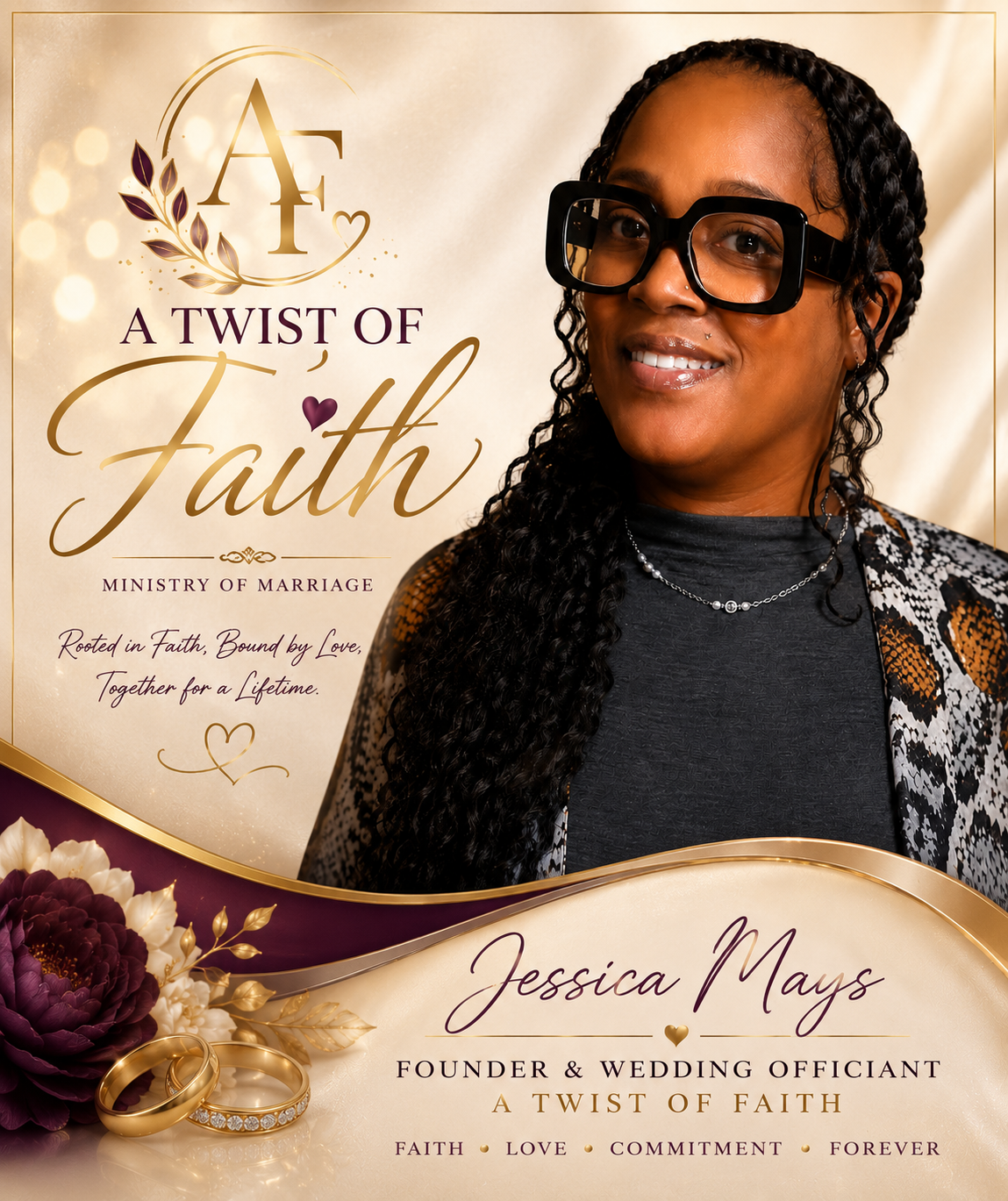 A Twist of Faith branded portrait of Jessica Mays, founder and wedding officiant