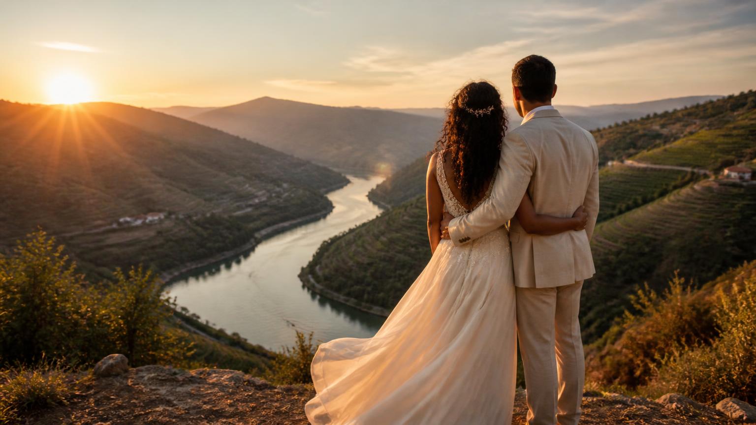 A couple with arms around each other overlooking a river valley at sunset in wedding attire