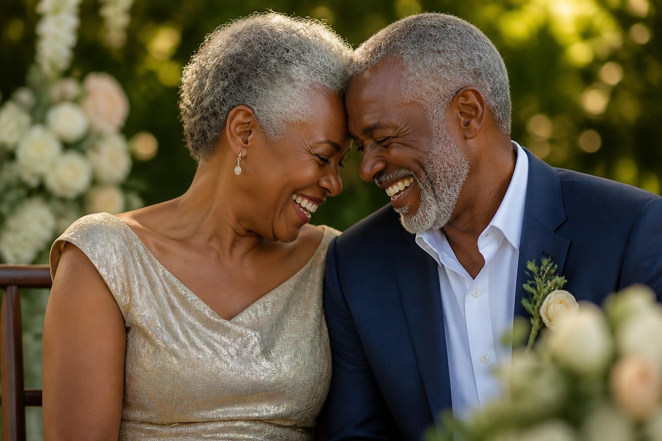 A couple laughing together with foreheads touching at their vow renewal celebration in a garden