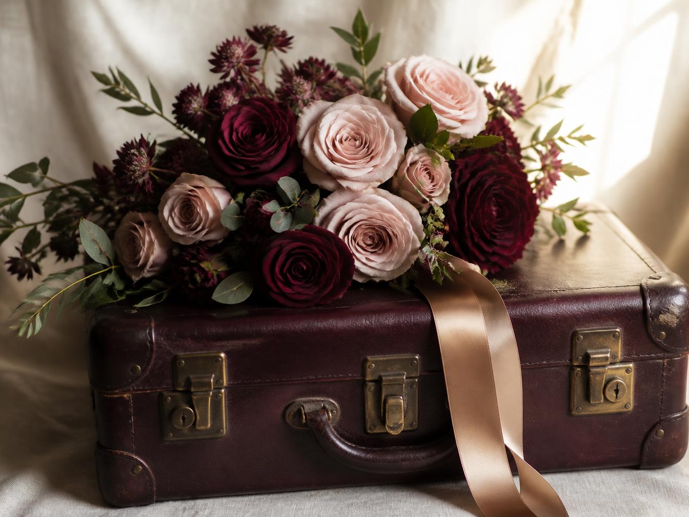 A vintage plum leather suitcase topped with blush and burgundy roses and a champagne ribbon